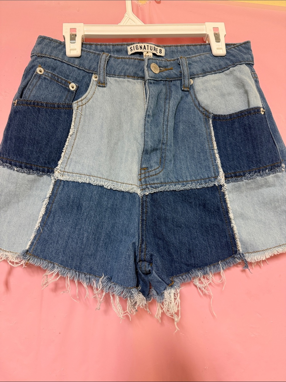 Signature8 Two-Tone Patchwork Denim Shorts - Light & Dark Blue